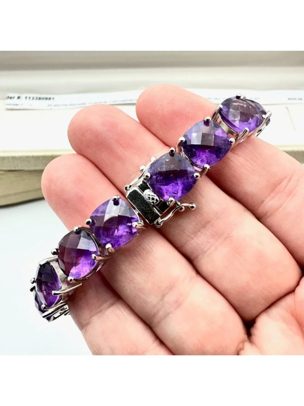 African Amethyst Sterling Silver Bracelet 55 Carats Cushion Cut Checkerboard